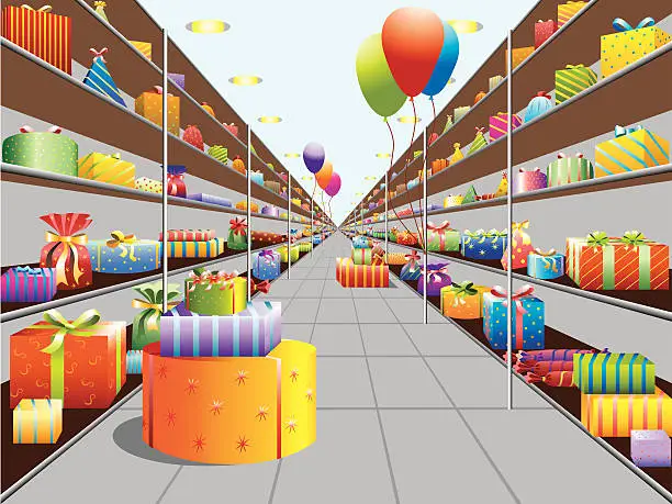 Vector illustration of Holiday gifts warehouse