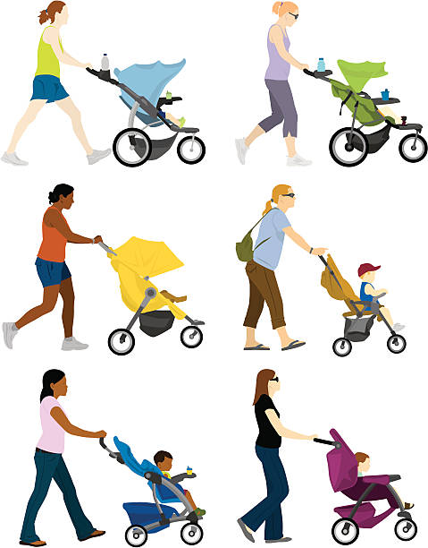 A cartoon depiction of multiple moms pushing stroller A group of moms pushing strollers. baby carriage stock illustrations
