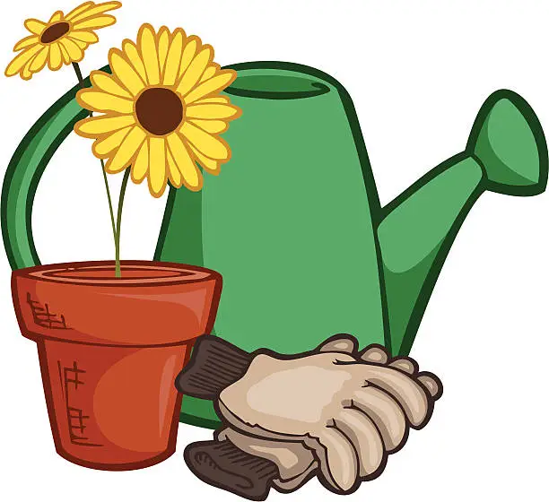 Vector illustration of Potted Plant, Watering Can and Work Gloves