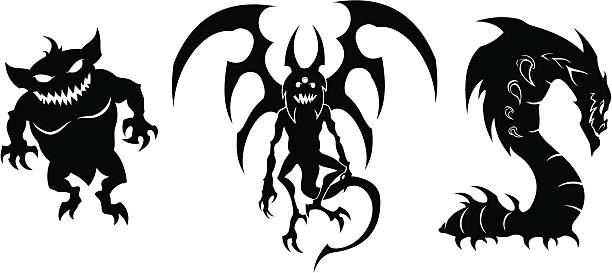 ilustrações, clipart, desenhos animados e ícones de três preto monstros - dragon terrified fear horror
