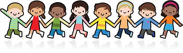 Vector illustration of Happy Smiling Multicultural Kids Holding Hands And Playing