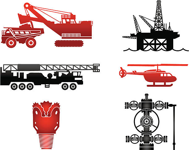 ilustraciones, imágenes clip art, dibujos animados e iconos de stock de equipos de la industria de aceite imágenes en rojo y negro - wellhead