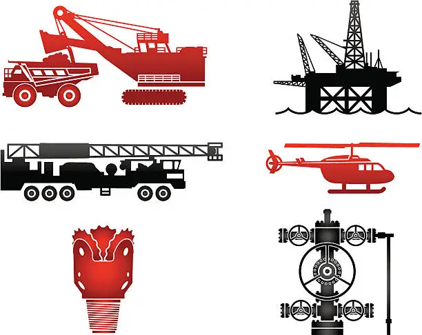 Vector illustration of Oil Industry Equipment Images in Red and Black