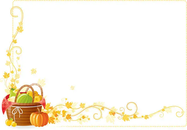 Vector illustration of Autumn thanksgiving frame with vine and fruits basket