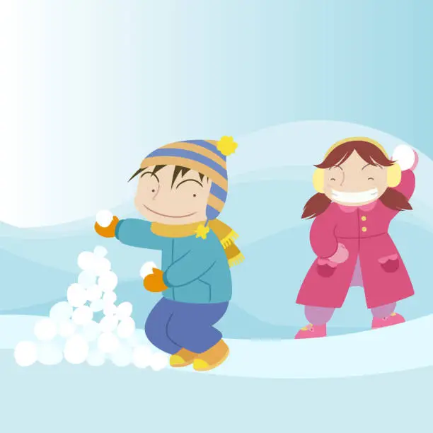 Vector illustration of Winter Season Snow Ball Battle Girl Boy Kids