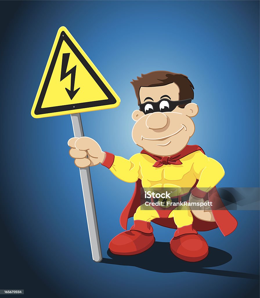 Superhéroe hombre de historieta alta tensión de señal de advertencia - arte vectorial de Corriente de alto voltaje libre de derechos