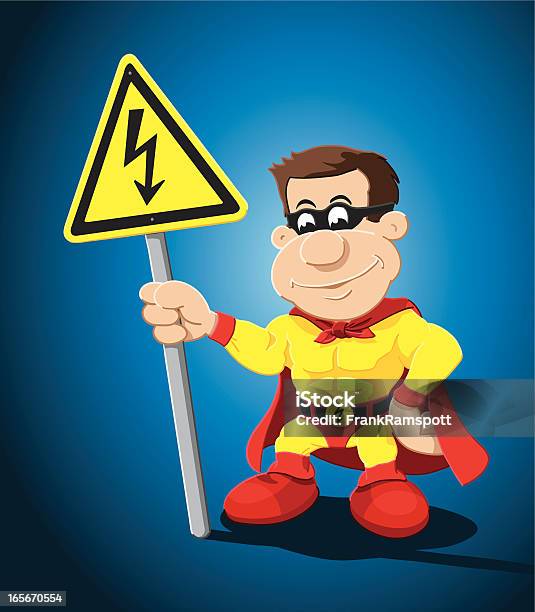 Супергерой Мультяшный Человек Предупреждающий Знак Высокое Напряжение — стоковая векторная графика и другие изображения на тему Знак Высокое напряжение