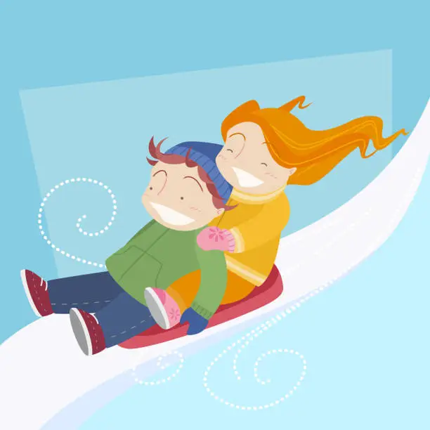 Vector illustration of Two kids Skiing in Toboggan Sled