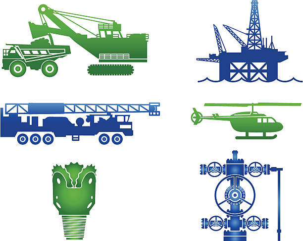 ilustraciones, imágenes clip art, dibujos animados e iconos de stock de equipos de la industria de aceite imágenes en color azul y verde - wellhead