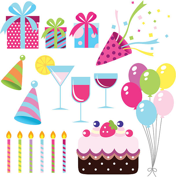 ilustrações de stock, clip art, desenhos animados e ícones de engraçado conjunto de ícones: celebração da festa colorido e elemento - party hat birthday confetti streamer