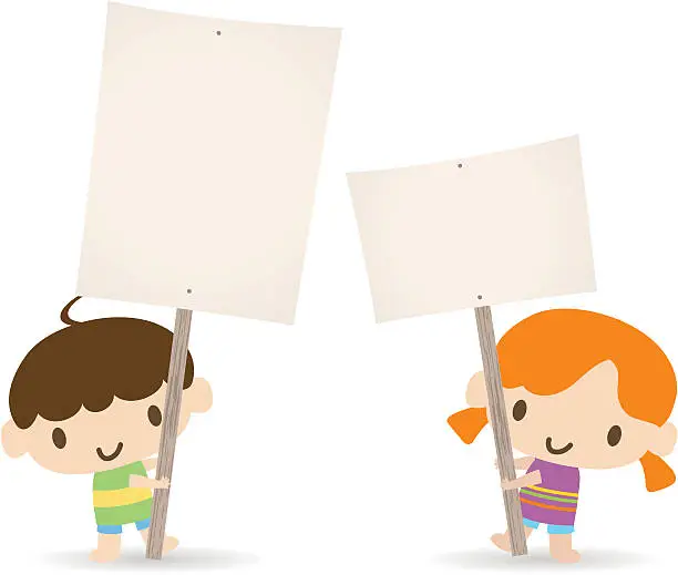 Vector illustration of Children holding a blank sign for your message(Boy and Girl)