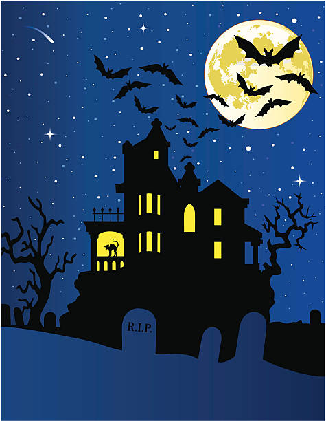 Bats flying over a haunted house A vector illustration of bats flying over a haunted house. haunted house stock illustrations