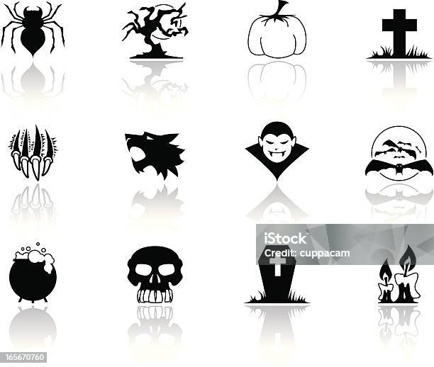Halloween Czarny Ikony Symbole Z Odbicie - Stockowe grafiki wektorowe i więcej obrazów Wampir - Wampir, Wilk, Dynia