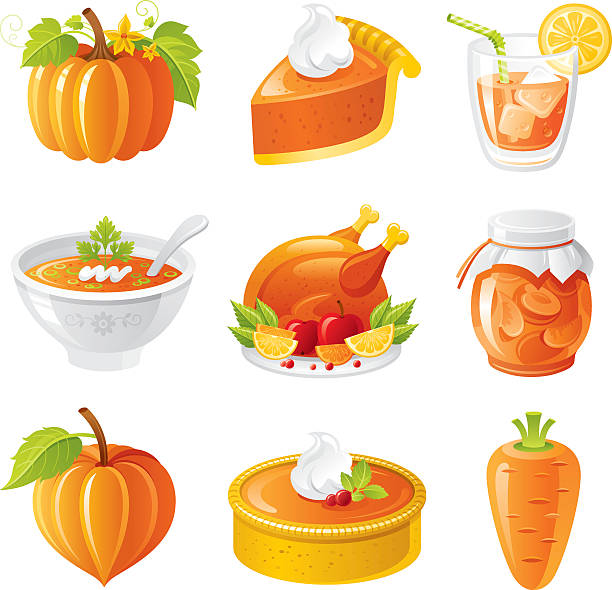 Thanksgiving orange holiday food icon set Thanksgiving orange holiday food icon set: pumpkin, pumpkin pie, orange juice, pumpkin crem soup, turkey with fruits, apricot jam, winter cherry, pumpkin pie, carrot. AI-10, CDR-11, JPG. single flower flower autumn pumpkin stock illustrations