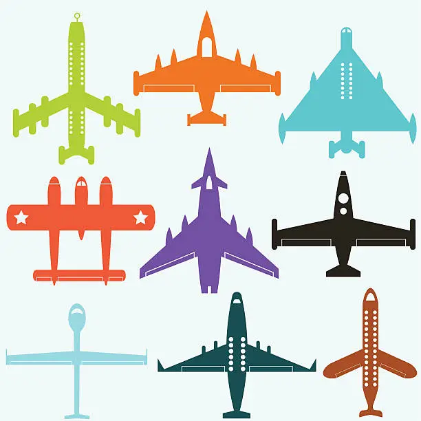 Vector illustration of stylized fictional aeroplane set