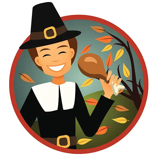 Vector illustration of Smiling Pilgrim Man with Turkey Leg