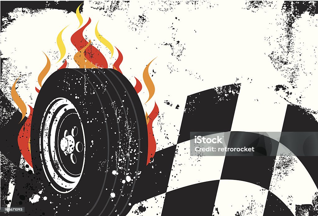 racing background A race car tire in front of flames and a checkered flag over a grunge background. The artwork extends outside the square clipping mask. To edit, select the artwork and go to OBJECT-&gt; CLIPPING MASK-&gt; EDIT CONTENTS or RELEASE. Wheel stock vector