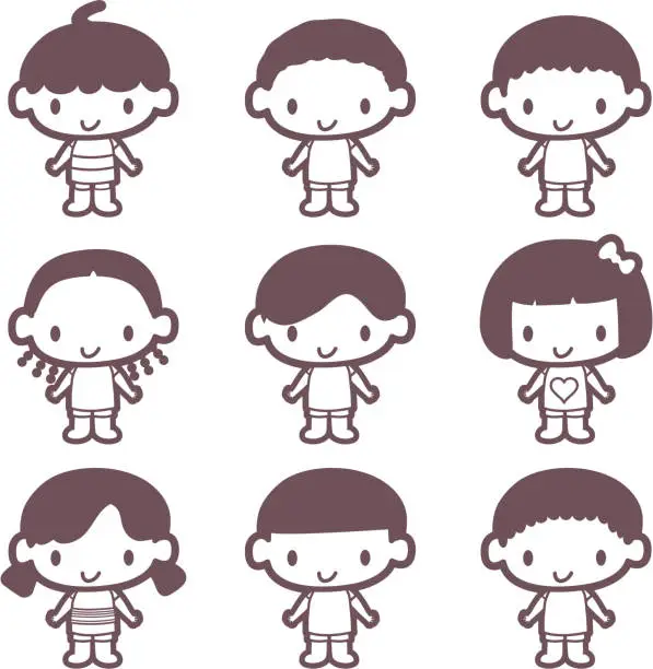 Vector illustration of Outline: Cute Multi Ethnic Kids( Children from Around the World )