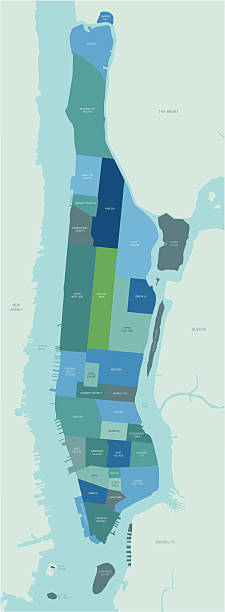 Manhattan Neighborhoods Map An illustration that shows the various neighborhoods of New York City's Manhattan Island. Shoreline is highly detailed. Each neighborhood is on a separate layer as is the text. washington heights manhattan stock illustrations