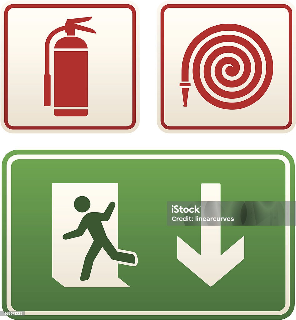 Emergency signs: exit sign, fire extinguisher and hose Emergency signs: emergency exit, fire extinguisher, fire hose Fire Extinguisher stock vector