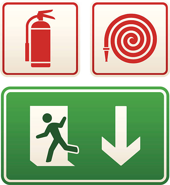 Emergency signs: exit sign, fire extinguisher and hose vector art illustration
