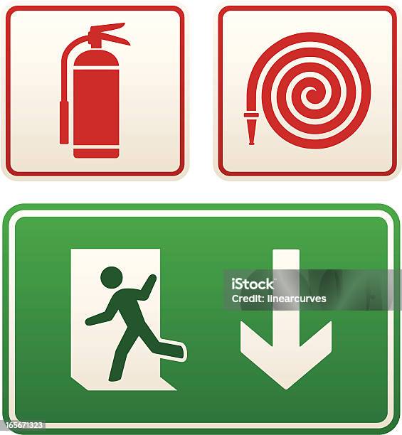 Emergency Signs Exit Sign Fire Extinguisher And Hose Stock Illustration - Download Image Now