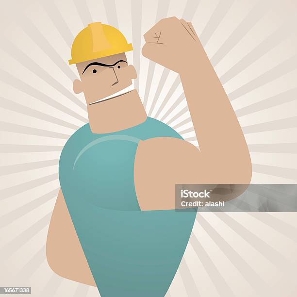 Trabalhador Forte Mostrando Biceps Dia Do Trabalhador - Arte vetorial de stock e mais imagens de Eufórico