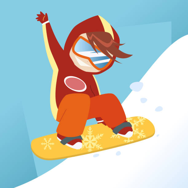 Boy snowboarding little boy making a jump in snowboard. kids snow suits stock illustrations