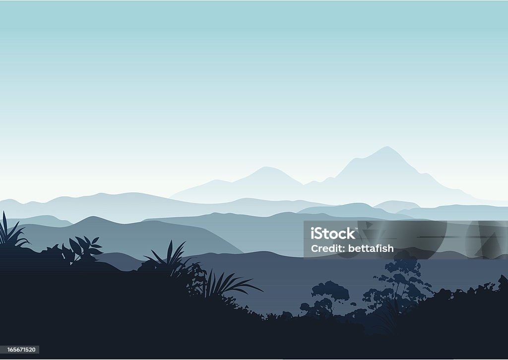 Winter sunrise in the mountains Beautiful, peaceful and spiritual mountain landscape with forest silhouette at the front and big mountain in the background. Mountain stock vector