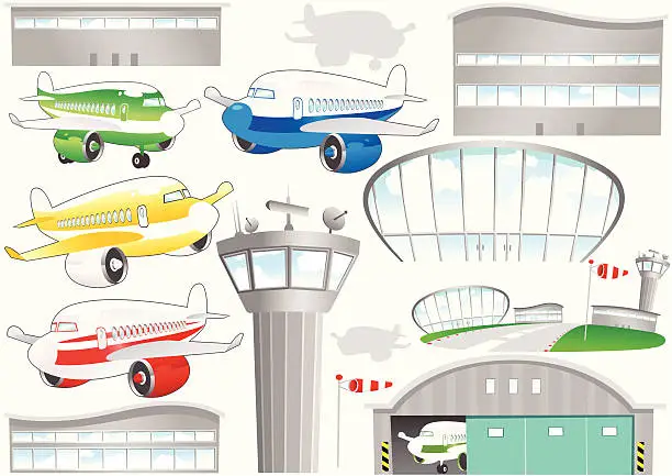 Vector illustration of Aircraft and airport buildings graphic elements