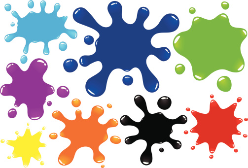 A group of 8 different paint drops/splats. Each in a different, and easily changeable colour. Each splat has a large roundish centre, perfect for placing type inside. Blends are used, no meshes, no gradients.