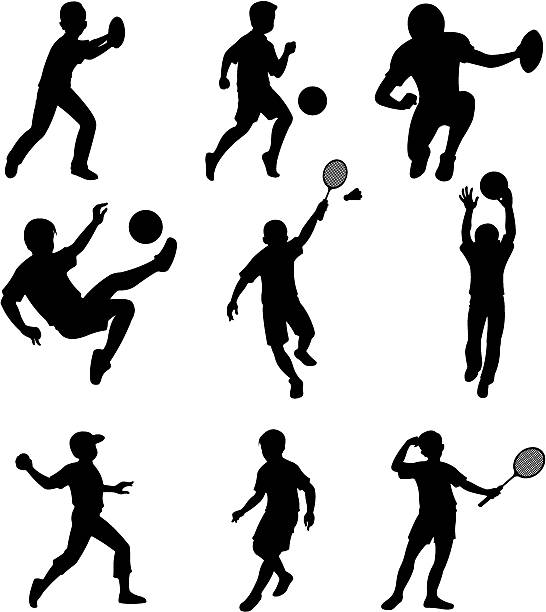 ilustrações de stock, clip art, desenhos animados e ícones de crianças dando diferentes actividades desportivas - baseball silhouette pitcher playing