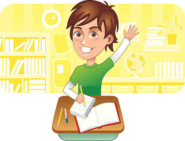 Brunette boy smiling and raising hand in school vector art illustration