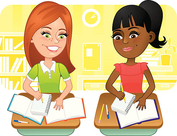 Two girls in school vector art illustration