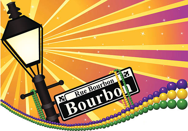 Mardi Gras Background A vector illustration of the Bourbon Street sign and lamp post with Mardi Gras beads. Objects are grouped and layered for easy editing. Radial gradients used. Files included: AI12, EPS8 and Large High Res JPG. new orleans mardi gras stock illustrations