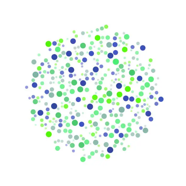 Vector illustration of A series of non-overlapping circles transition from green to blue, filling a larger circle. Smaller circles fade to white, adding depth to the design.