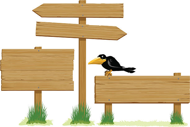 Wooden Signs Collection of three wooden signs, of varying shapes and sizes, one with a crow perched on top. Artwork on editable layers, crow can be easily removed. Download includes an AI8 EPS vector file and a high resolution JPEG file (min. 1900 x 2800 pixels).  directional sign stock illustrations