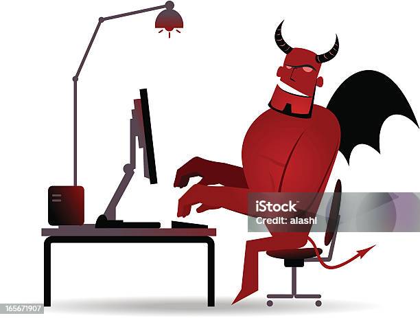 Demon Sneering And Working In Front Of A Computer Stock Illustration - Download Image Now - Devil, Office, Occupation