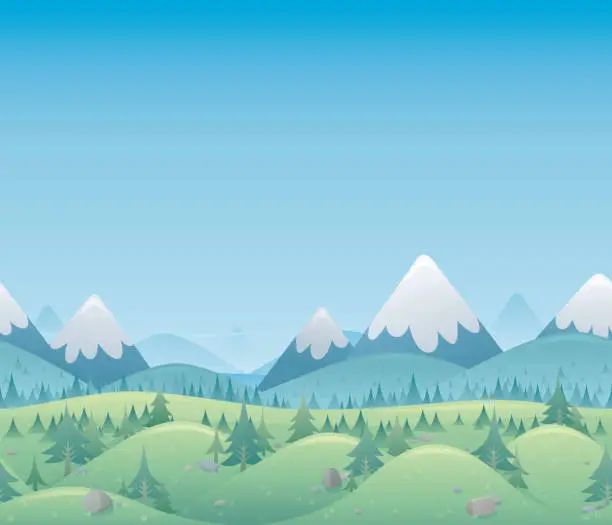 Vector illustration of A cartoon image of a seamless forest and mountain landscape