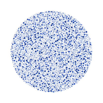 In this artistic design, a circle serves as a canvas for an array of blue dots, representing bubbles, that are meticulously arranged to fill the surface without any overlap. The dots vary in size, with the smaller ones gradually fading into a lighter, almost white hue. This nuanced gradation adds a sense of depth and dimension, creating a captivating visual experience that blends the precision of geometric shapes with the organic fluidity of bubbles.