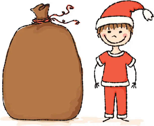 Vector illustration of Little santa with sack