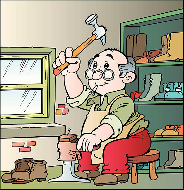 Cartoon illustration of cobbler repairing shoe with hammer Illustration of a cobbler repairing a shoe... shoemaker stock illustrations