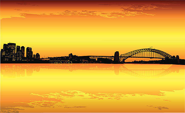 시드니 cbd at dusk - the rocks sydney harbor bridge sydney australia new south wales stock illustrations