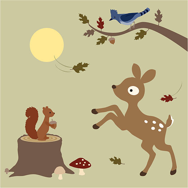 Fawn Plays in the Leaves vector art illustration