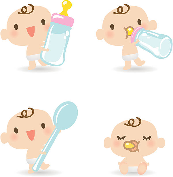 милый ребенка грудью (ест), пить из бутылки молока, спать - milk bottle illustrations stock illustrations