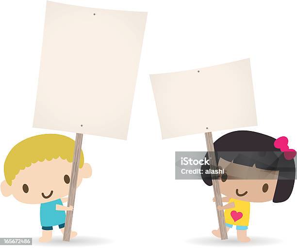 Bambini Con Un Cartello Bianco Per Il Tuo Messaggio Ragazzo E Ragazza - Immagini vettoriali stock e altre immagini di Affissione