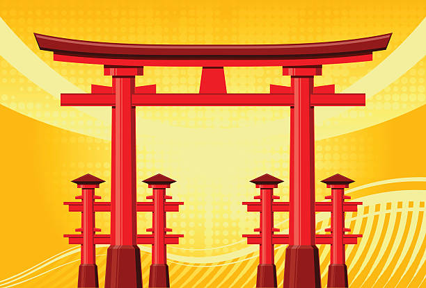 Torii gate Traditional Japanese Torii gate commonly found at the entry to a Shinto shrine marking the entrance to sacred space. Passing underneath a Torii on the way to visit a shrine is an act of sanctification and purification. This is Ryoubu style Torii, one of the most beautiful and elegant landmarks of Japan. Vector illustration. shinto shrine stock illustrations