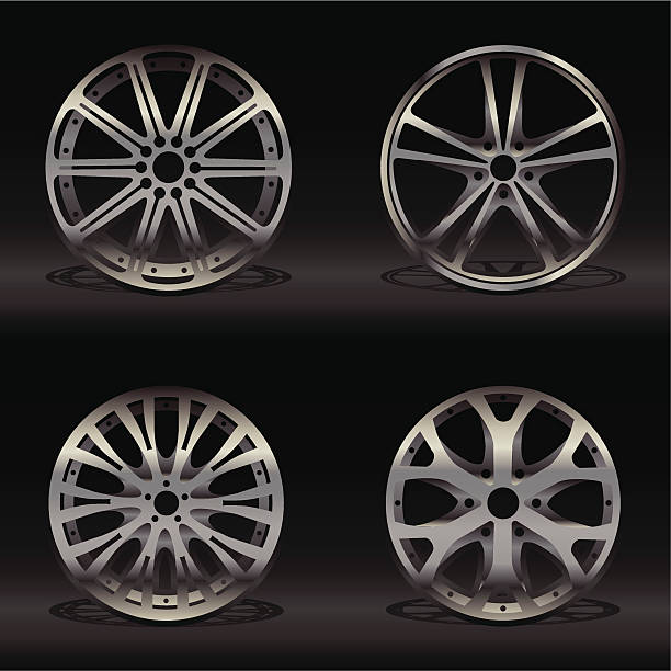 Four different alloy wheel designs on a black background vector art illustration