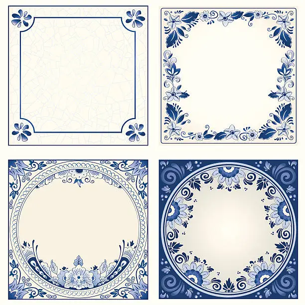 Vector illustration of Antique Dutch Delft Blue tiles