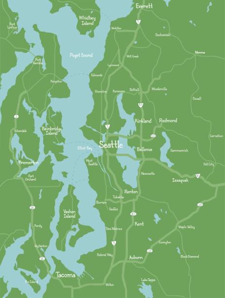 Puget Sound (Seattle Area) Map A map of the Puget Sound region, including Seattle, with major roads and hand-drawn text. puget sound stock illustrations